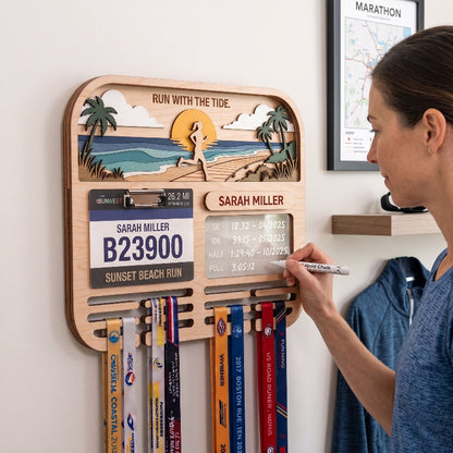Personalized Running Medal Holder, Sunset Beach Design, Race Bib Display with Optional Running Tracker