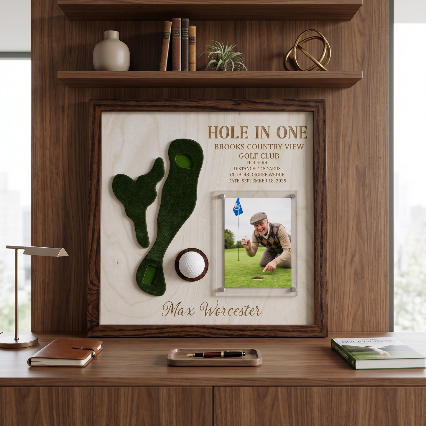 Hole in One Golf Ball Display Personalized Golf Plaque Brass Name Tag Golf Gift
