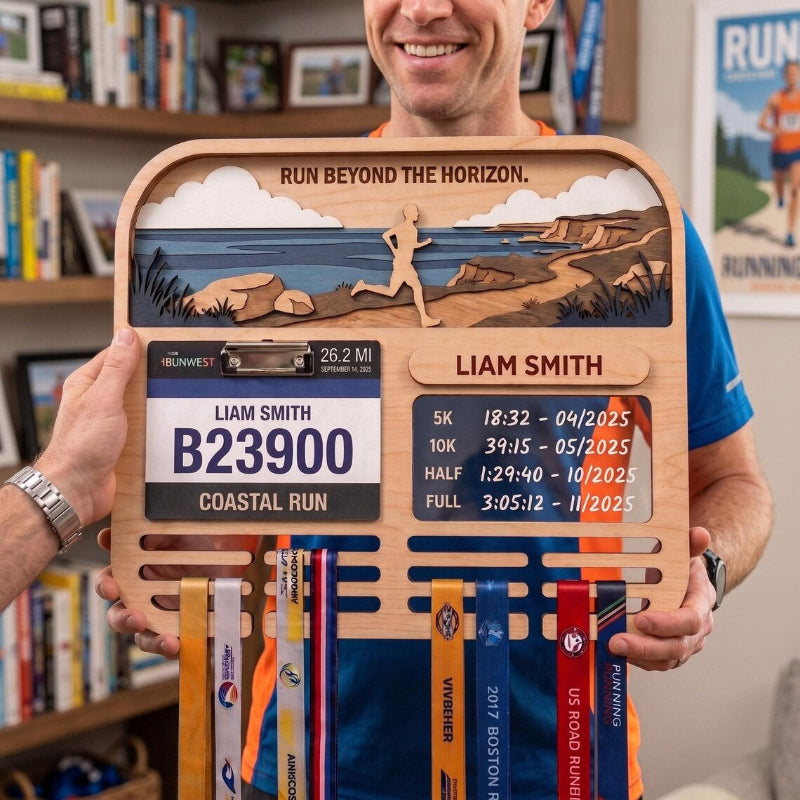 Personalized Marathon Medal Display, Running Medal Holder & Race Bib Display, Coastal Cliff Design