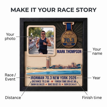 New York Triathlon Medal Display, Personalized Medal Hanger with Photo, Race Bib & Route Options, Triathlete Gift