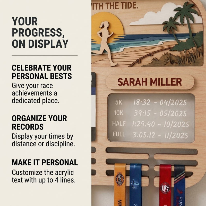 Personalized Running Medal Holder, Sunset Beach Design, Race Bib Display with Optional Running Tracker