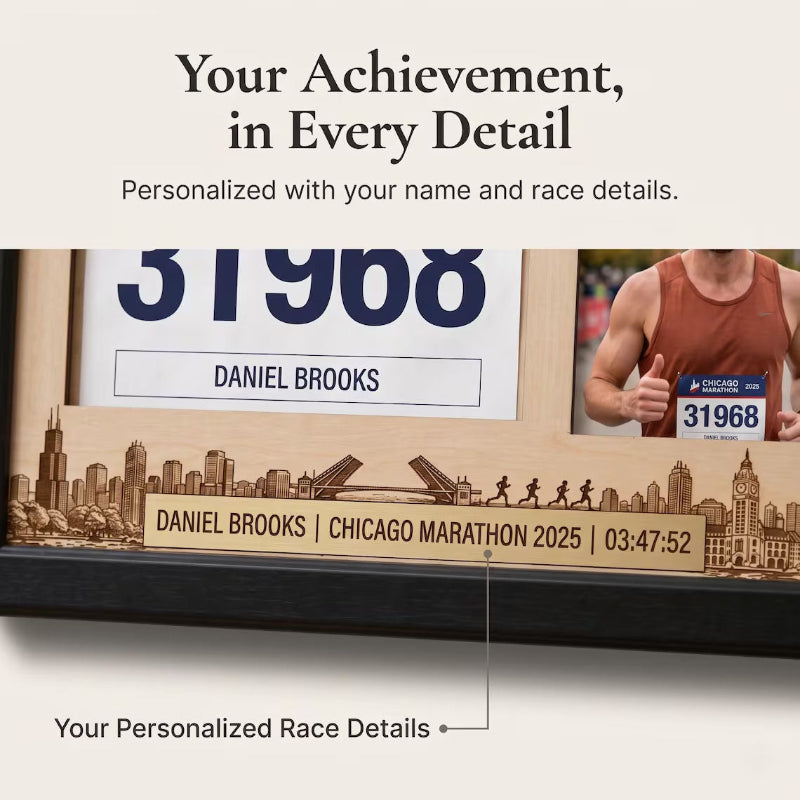 Chicago Marathon Shadow Box Display, Race Bib Medal and Photo Holder, Personalized Running Memory Box for Marathon Runners