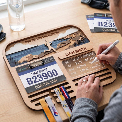 Personalized Marathon Medal Display, Running Medal Holder & Race Bib Display, Coastal Cliff Design