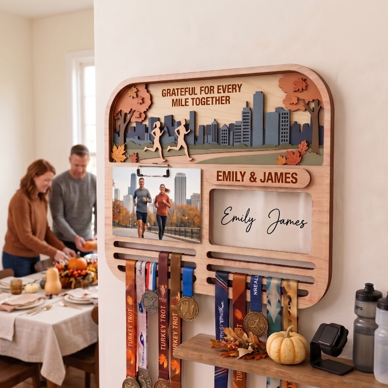 Personalized Turkey Trot Medal Hanger for Couples, Wooden Running Medal Holder, Thanksgiving Gift