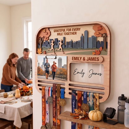 Personalized Turkey Trot Medal Hanger for Couples, Wooden Running Medal Holder, Thanksgiving Gift