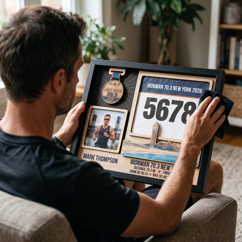 New York Triathlon Medal Display, Personalized Medal Hanger with Photo, Race Bib & Route Options, Triathlete Gift