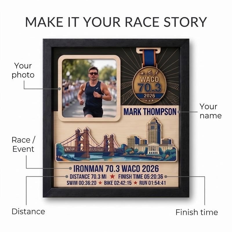 Waco Triathlon Medal Display, Personalized Medal Hanger with Photo, Race Bib & Route Options, Triathlete Gift