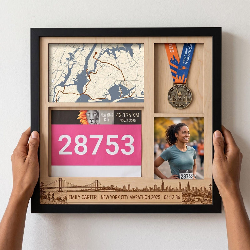 New York Marathon Shadow Box Display, Race Bib Medal and Photo Holder, Personalized Running Memory Box for Marathon Runners