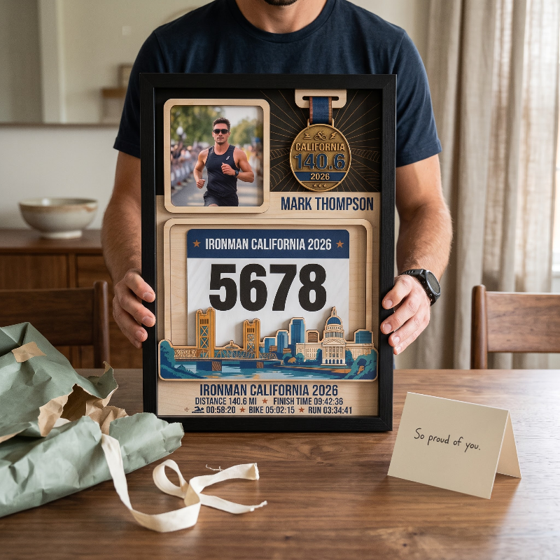 Triathlon Medal Display Frame, Personalized Medal Hanger, Race Bib & Photo Display with Route Option, Triathlete Gift
