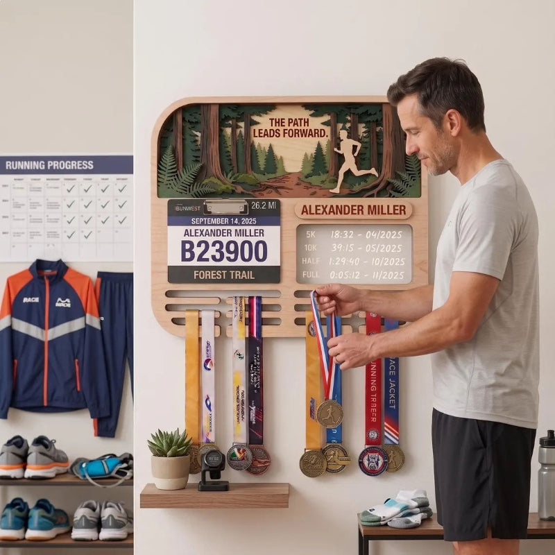 Personalized Running Medal Holder, Forest Trail Running Design, Race Bib Display & Optional Tracker