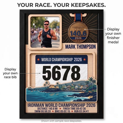 Kona Triathlon Medal Display, Personalized Medal Hanger with Photo, Race Bib & Route Options, Triathlete Gift