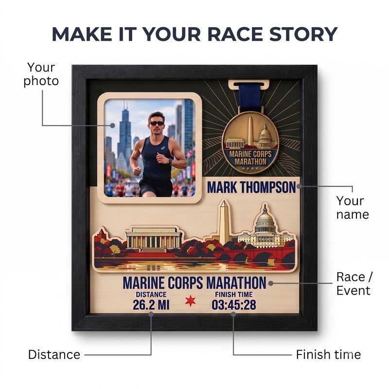 Marine Corps Marathon Medal Display, Personalized Race Bib and Photo Frame, Layered Design with Route Map Option