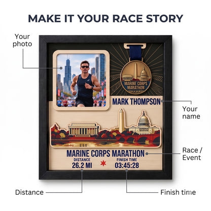 Marine Corps Marathon Medal Display, Personalized Race Bib and Photo Frame, Layered Design with Route Map Option