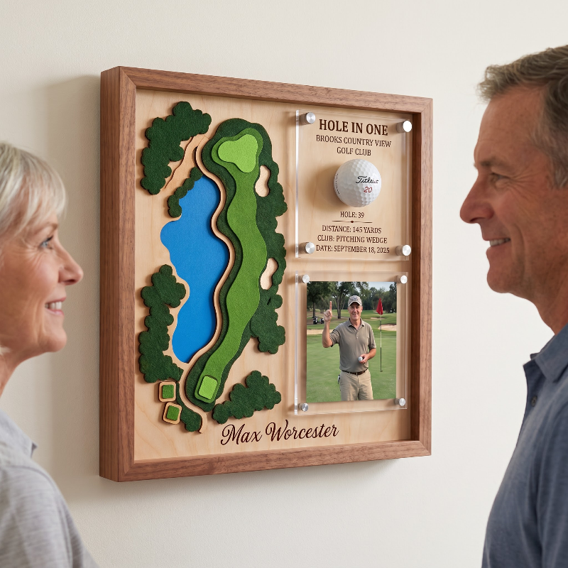 Hole in One Acrylic Display, Personalized Golf Course Map, Ball & Photo Frame, Custom Golf Gift