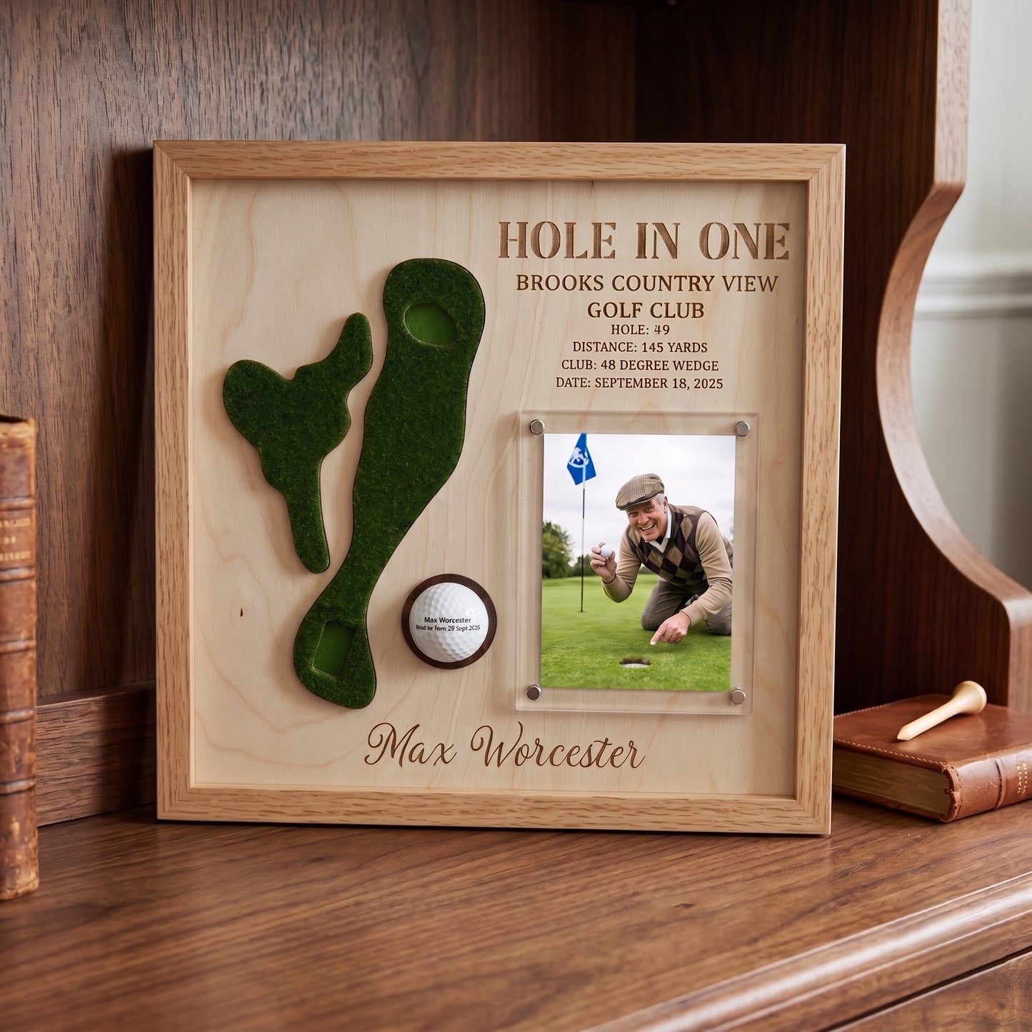 Hole in One Golf Ball Display Personalized Golf Plaque Brass Name Tag Golf Gift