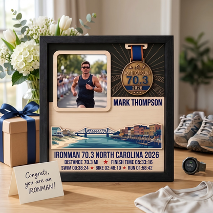 North Carolina Triathlon Medal Display, Personalized Medal Hanger with Photo, Race Bib & Route Options, Triathlete Gift