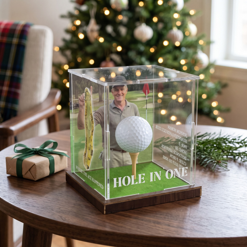 Hole in One Display with Photo, Personalized Golf Ball & Course Map Mica Box, Custom Golf Gift for Dad, Golf Keepsake for Him