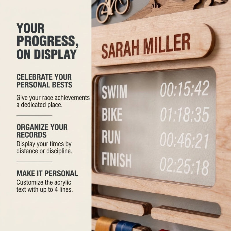 Personalized Triathlon Medal Holder, Layered Mountain Medal Display, Optional Race Bib Holder, Triathlete Gift