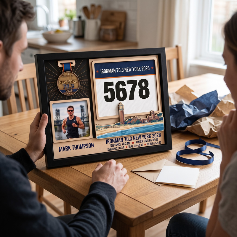 New York Triathlon Medal Display, Personalized Medal Hanger with Photo, Race Bib & Route Options, Triathlete Gift