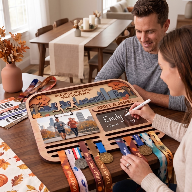 Personalized Turkey Trot Medal Hanger for Couples, Wooden Running Medal Holder, Thanksgiving Gift