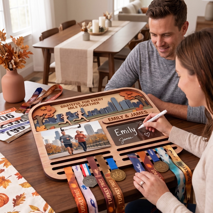 Personalized Turkey Trot Medal Hanger for Couples, Wooden Running Medal Holder, Thanksgiving Gift