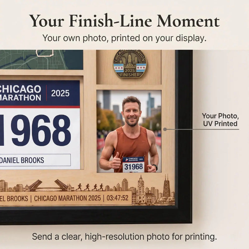 Chicago Marathon Shadow Box Display, Race Bib Medal and Photo Holder, Personalized Running Memory Box for Marathon Runners