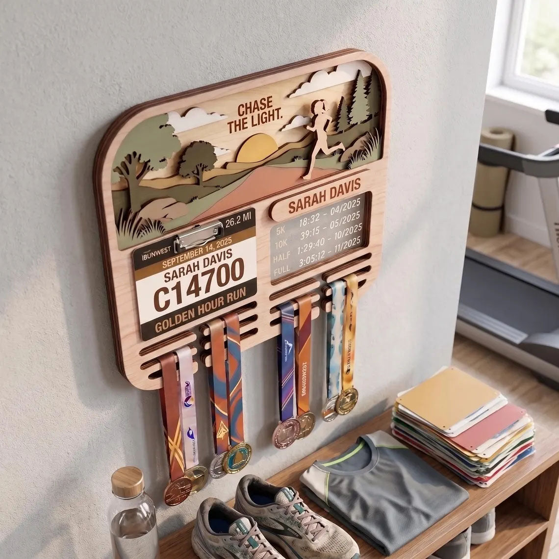 Personalized Running Medal Holder & Race Bib Display, Wooden Marathon Medal Hanger, Sunset Run Design