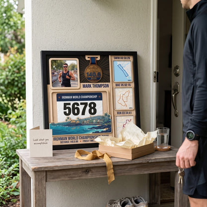 Kona Triathlon Medal Display, Personalized Medal Hanger with Photo, Race Bib & Route Options, Triathlete Gift