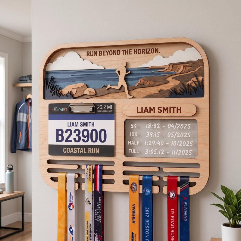 Personalized Marathon Medal Display, Running Medal Holder & Race Bib Display, Coastal Cliff Design