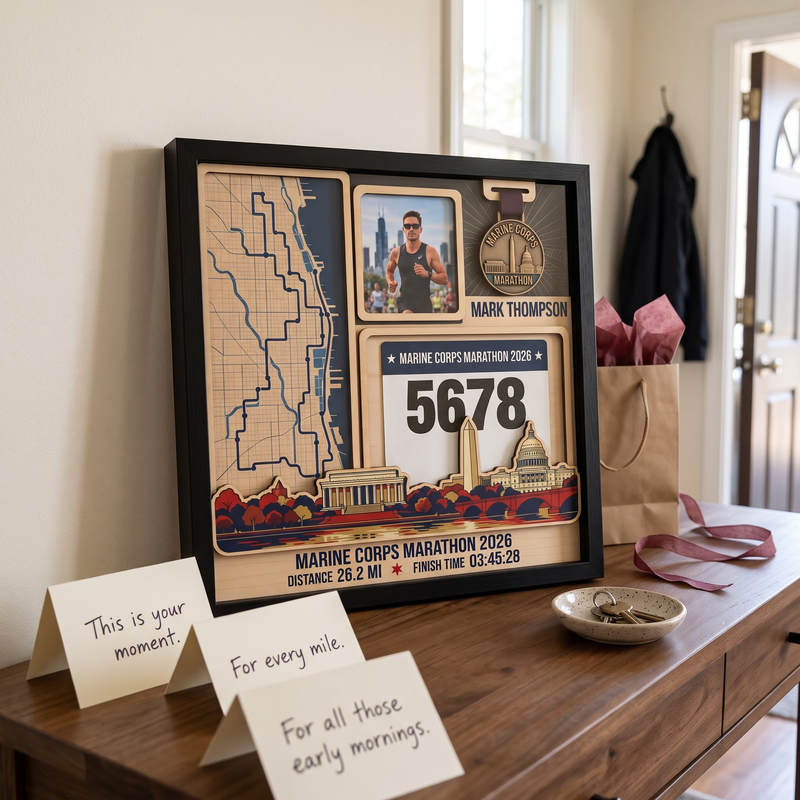 Marine Corps Marathon Medal Display, Personalized Race Bib and Photo Frame, Layered Design with Route Map Option