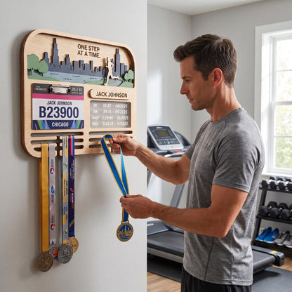 Chicago Marathon Medal Holder, Personalized Running Medal Hanger, Optional Race Bib Display and Tracker