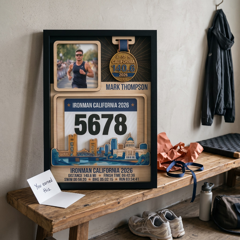 Triathlon Medal Display Frame, Personalized Medal Hanger, Race Bib & Photo Display with Route Option, Triathlete Gift