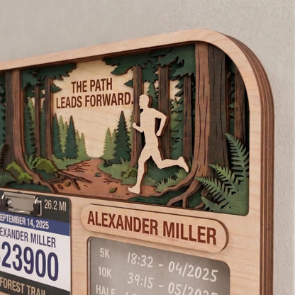 Personalized Running Medal Holder, Forest Trail Running Design, Race Bib Display & Optional Tracker
