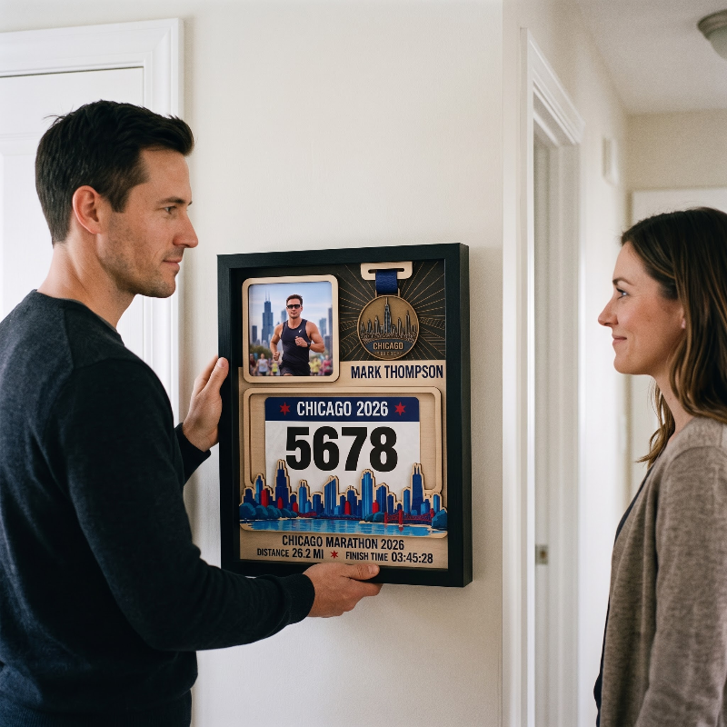 Chicago Marathon Layering Medal Hanger, Personalized Race Route Map on Wood, Custom Bib & Medal Display with Photo, Gift for Marathon Finisher