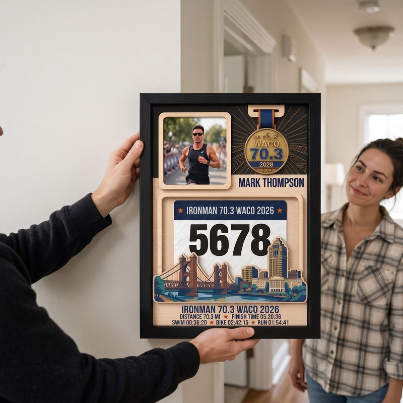 Waco Triathlon Medal Display, Personalized Medal Hanger with Photo, Race Bib & Route Options, Triathlete Gift