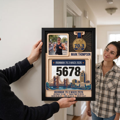 Waco Triathlon Medal Display, Personalized Medal Hanger with Photo, Race Bib & Route Options, Triathlete Gift