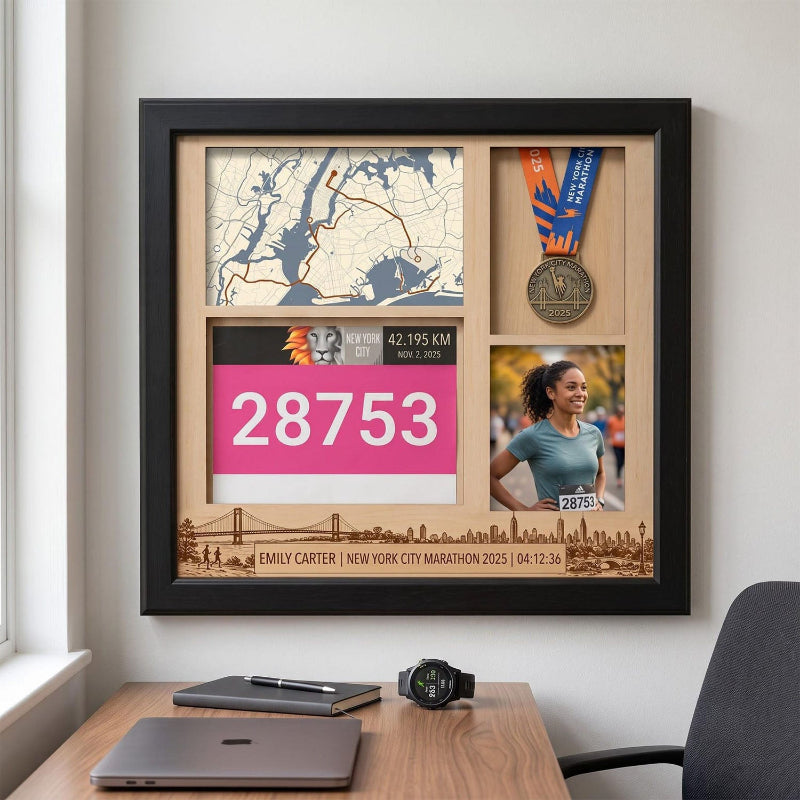 New York Marathon Shadow Box Display, Race Bib Medal and Photo Holder, Personalized Running Memory Box for Marathon Runners