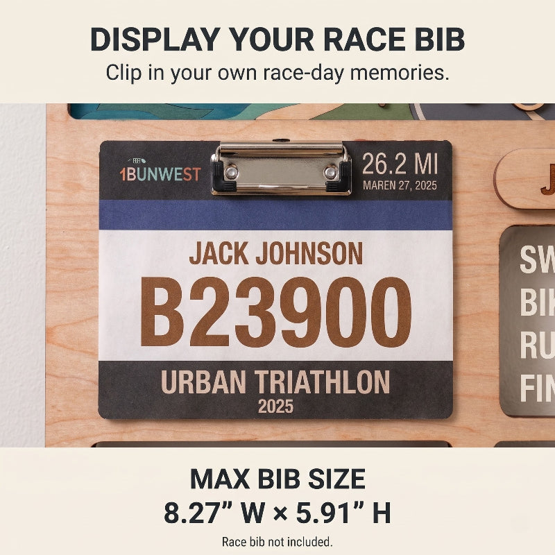Personalized Triathlon Medal Display, Forest Medal Hanger, Optional Race Bib Holder, Triathlete Gift