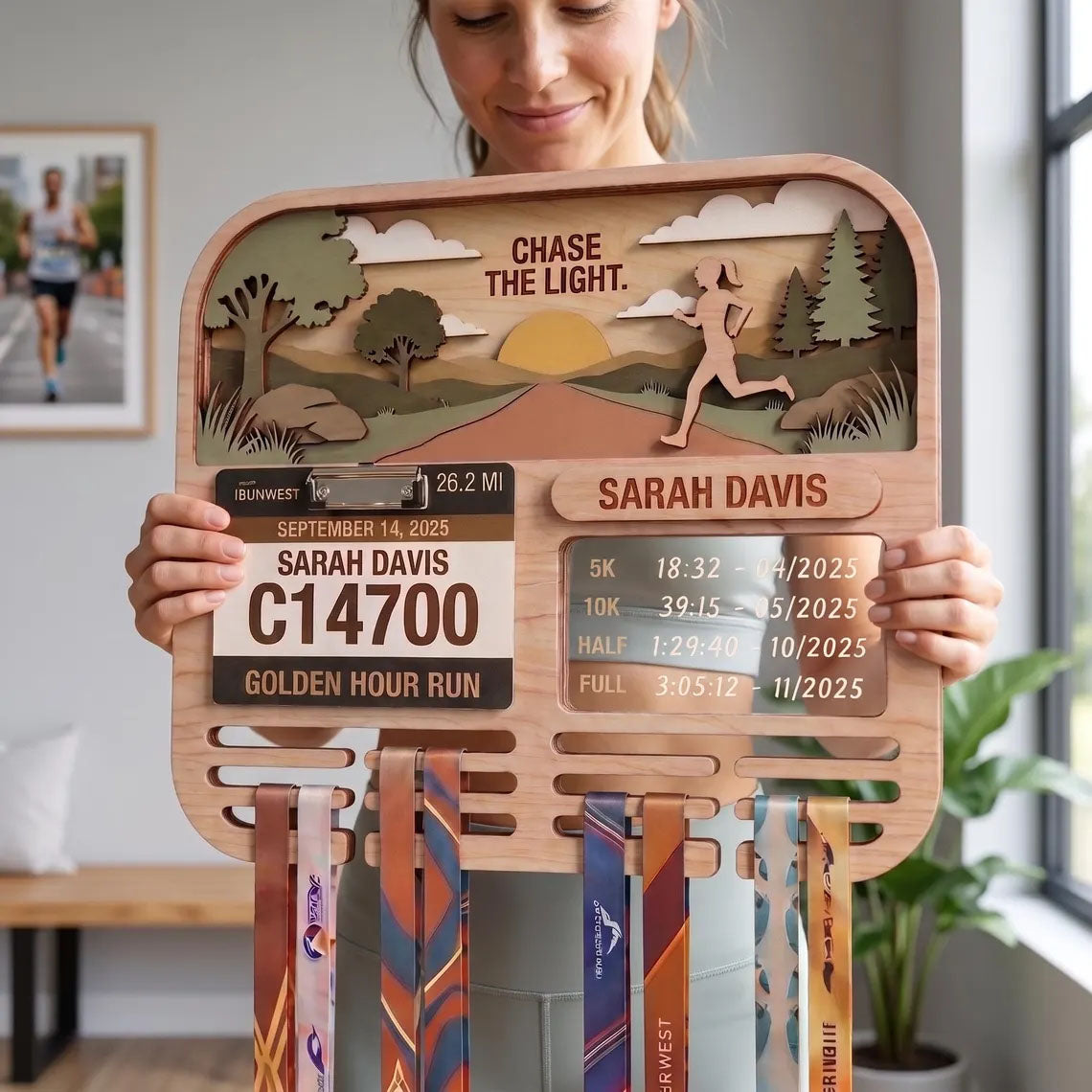 Personalized Running Medal Holder & Race Bib Display, Wooden Marathon Medal Hanger, Sunset Run Design