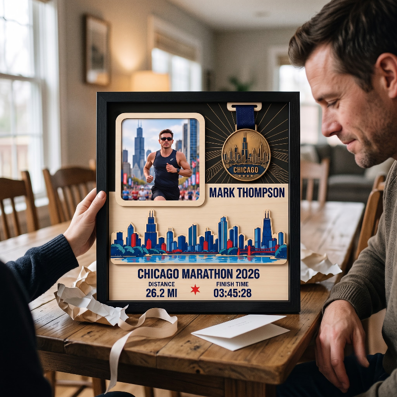 Chicago Marathon Layering Medal Hanger, Personalized Race Route Map on Wood, Custom Bib & Medal Display with Photo, Gift for Marathon Finisher