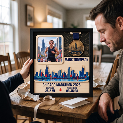 Chicago Marathon Layering Medal Hanger, Personalized Race Route Map on Wood, Custom Bib & Medal Display with Photo, Gift for Marathon Finisher