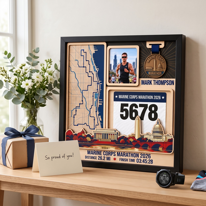 Marine Corps Marathon Medal Display, Personalized Race Bib and Photo Frame, Layered Design with Route Map Option