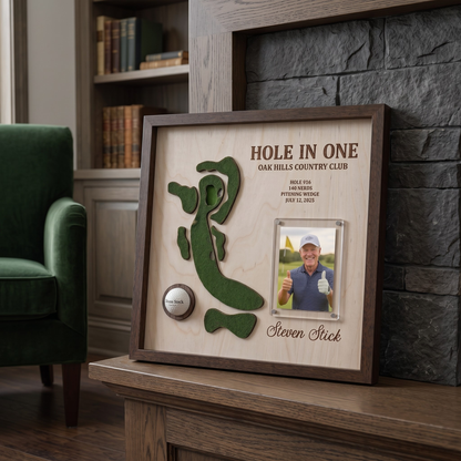 Personalized Hole in One Golf Display with Golf Course Map, Golf Ball Holder & Photo