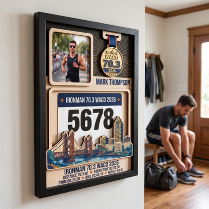 Waco Triathlon Medal Display, Personalized Medal Hanger with Photo, Race Bib & Route Options, Triathlete Gift