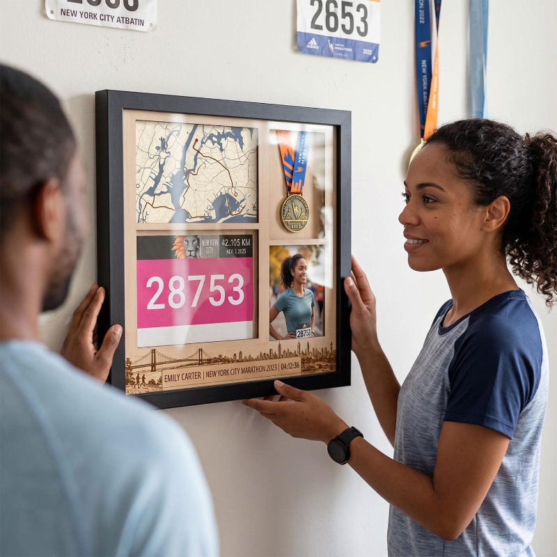 New York Marathon Shadow Box Display, Race Bib Medal and Photo Holder, Personalized Running Memory Box for Marathon Runners