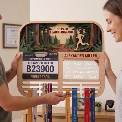 Personalized Running Medal Holder, Forest Trail Running Design, Race Bib Display & Optional Tracker