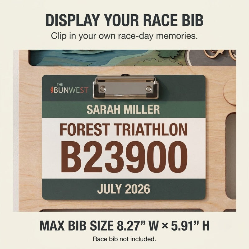 Layered Triathlon Medal Display, Forest Race Bib Holder & Custom Medal Hanger, Triathlete Gift, Race Day Keepsake
