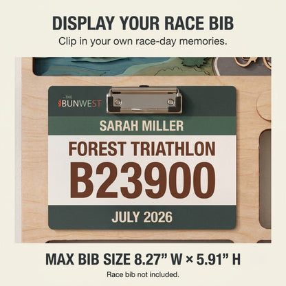 Layered Triathlon Medal Display, Forest Race Bib Holder & Custom Medal Hanger, Triathlete Gift, Race Day Keepsake