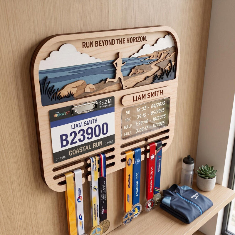 Personalized Marathon Medal Display, Running Medal Holder & Race Bib Display, Coastal Cliff Design