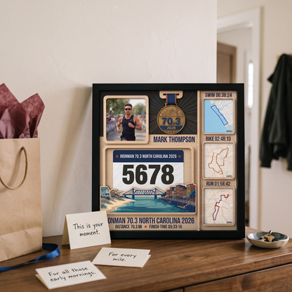 North Carolina Triathlon Medal Display, Personalized Medal Hanger with Photo, Race Bib & Route Options, Triathlete Gift